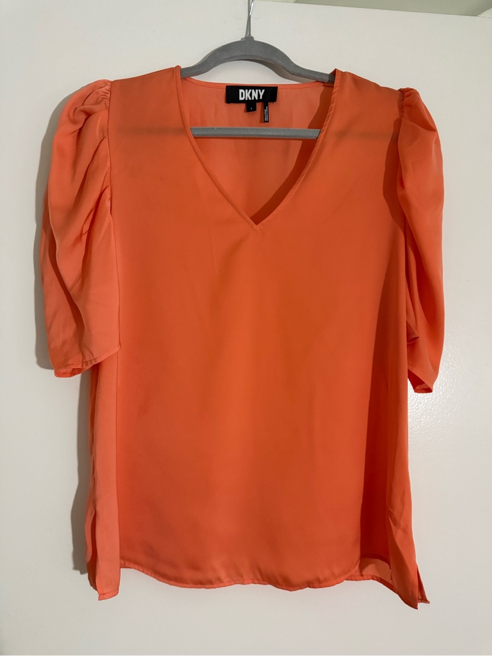 DKNY Orange V-Neck Puff Sleeve Blouse